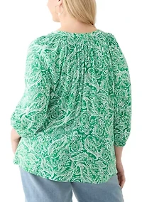 Plus 3/4 Sleeve Printed Peasant Top