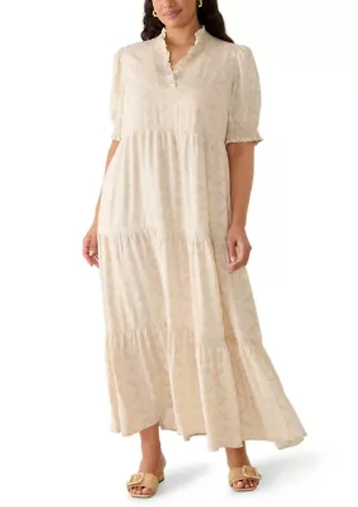Plus Short Sleeve Smocked Ruffle Neck Dress