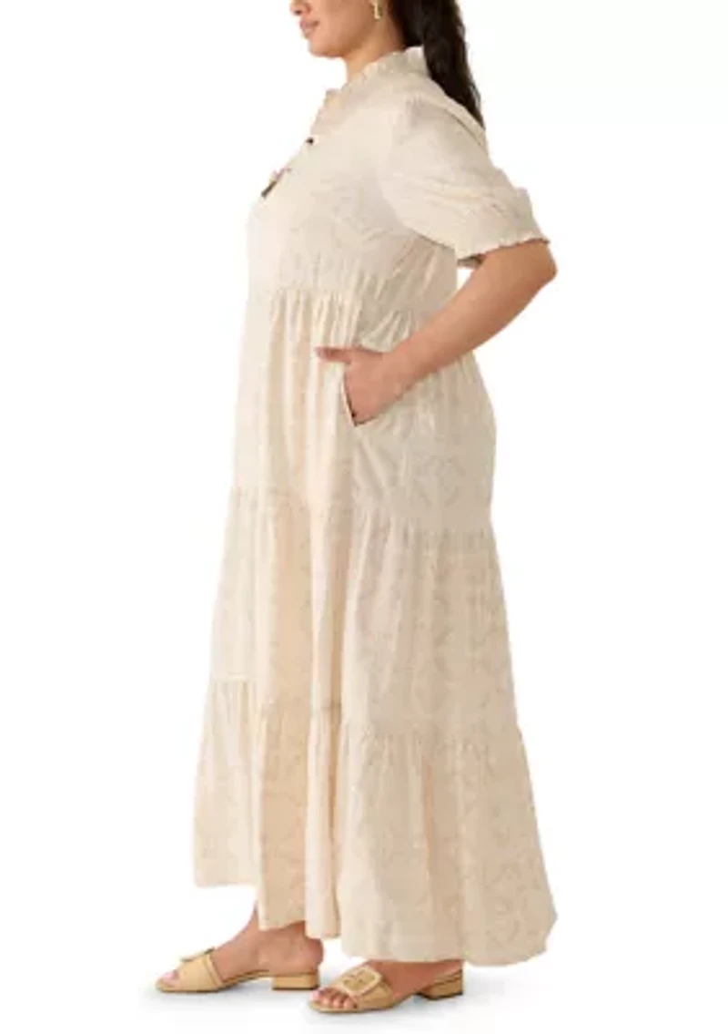 Plus Short Sleeve Smocked Ruffle Neck Dress