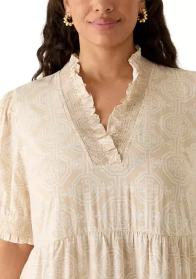 Plus Short Sleeve Smocked Ruffle Neck Dress