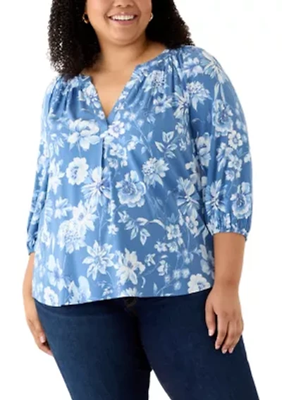 Plus 3/4 Sleeve Printed Peasant Top