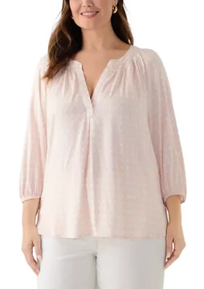 Plus 3/4 Sleeve Printed Peasant Top