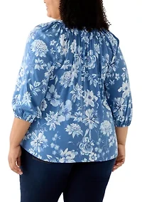 Plus 3/4 Sleeve Printed Peasant Top