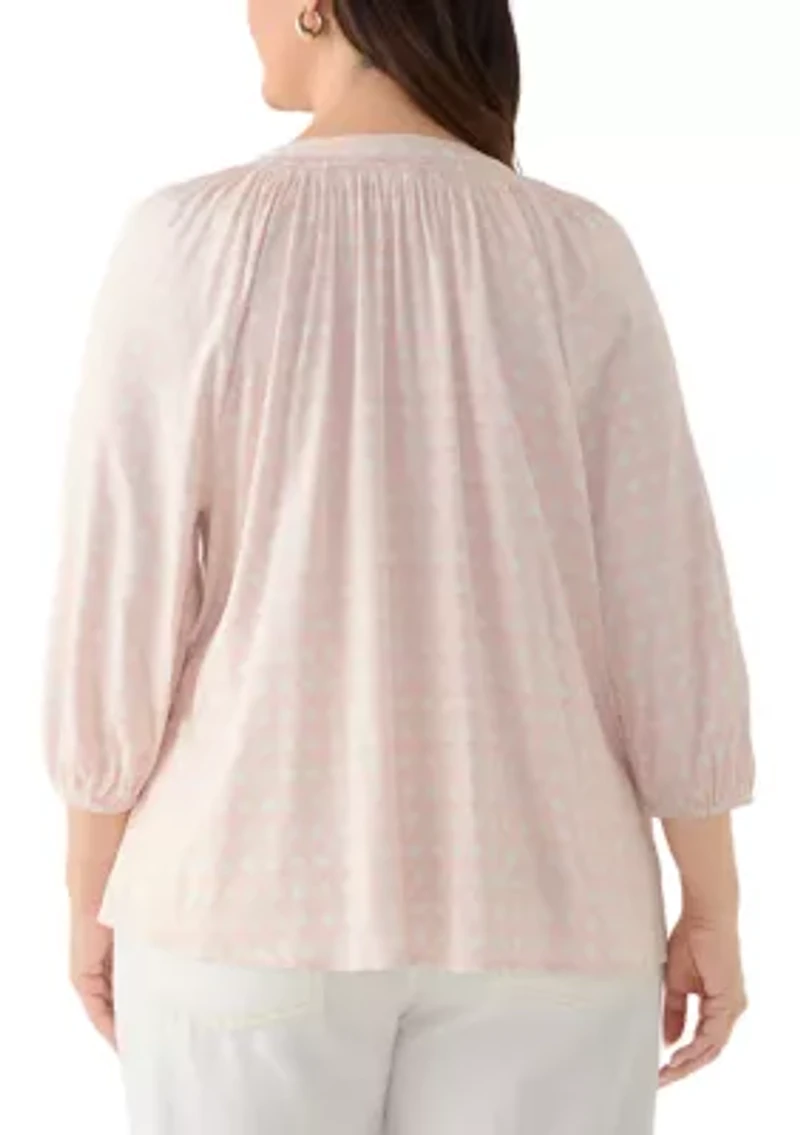 Plus 3/4 Sleeve Printed Peasant Top