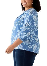 Plus 3/4 Sleeve Printed Peasant Top