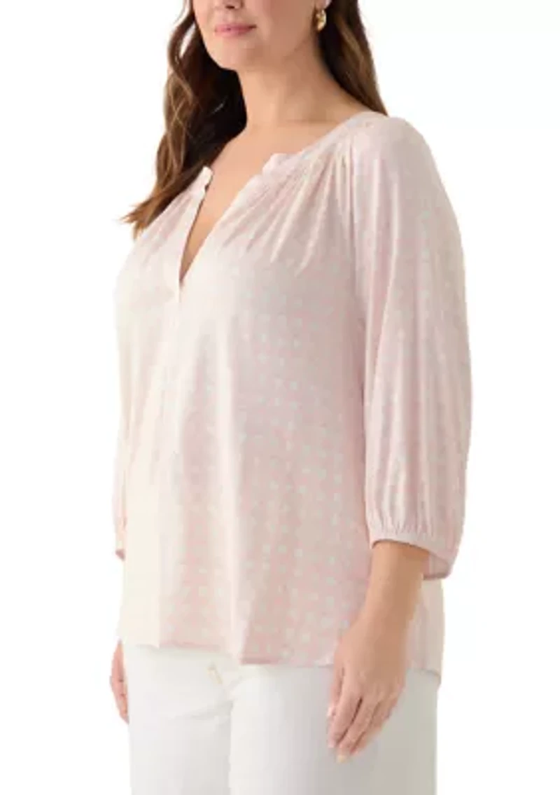 Plus 3/4 Sleeve Printed Peasant Top