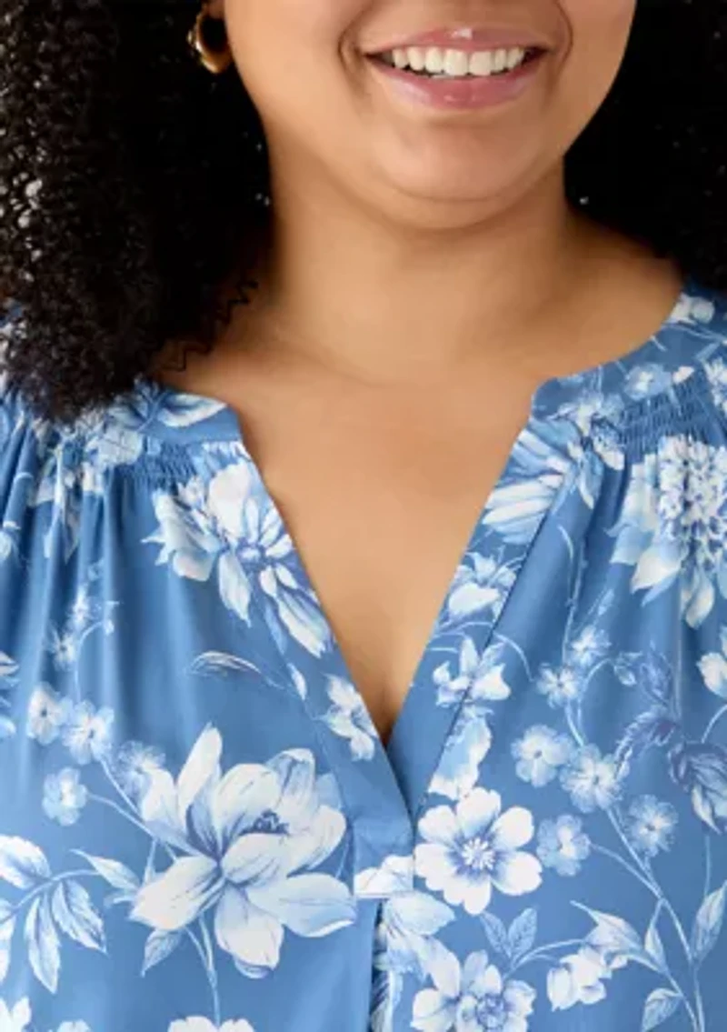 Plus 3/4 Sleeve Printed Peasant Top