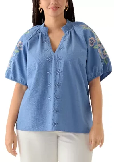 Plus Short Sleeve Textured Woven Blouse