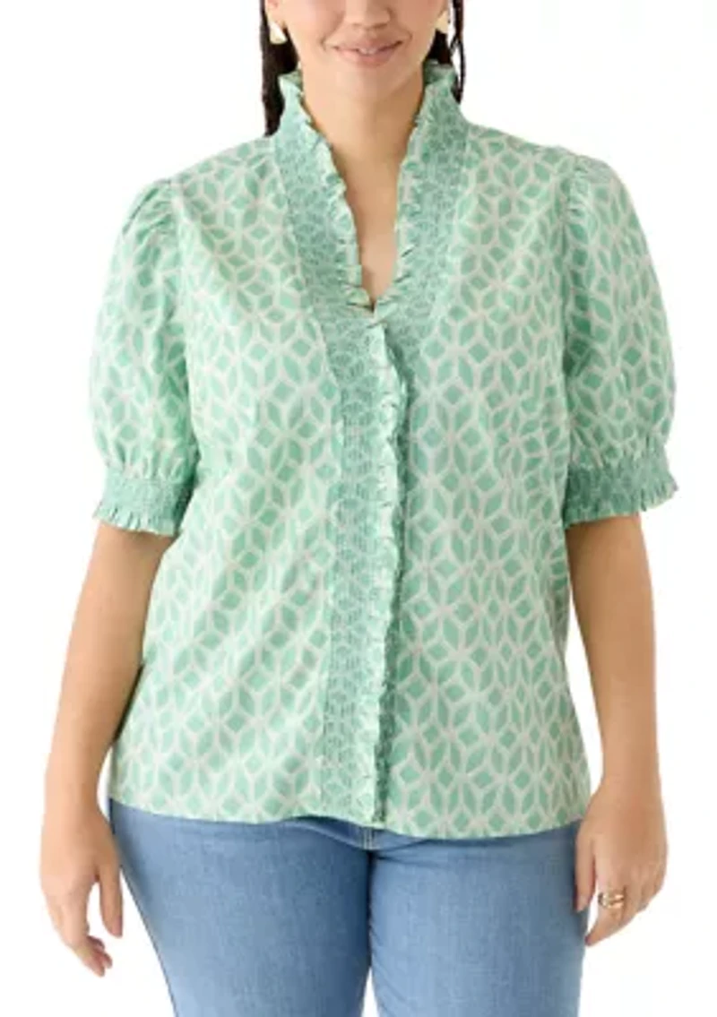 Plus Smocked Ruffle Neck Top