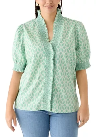 Plus Smocked Ruffle Neck Top