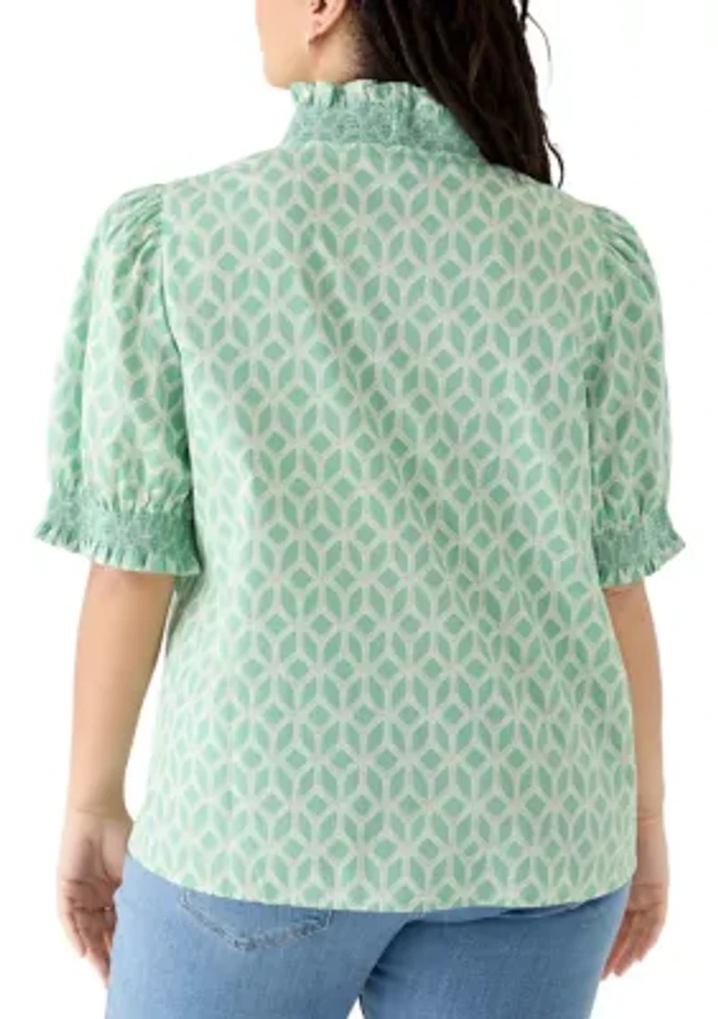 Plus Smocked Ruffle Neck Top