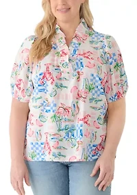 Plus Print Ruffle Neck Top