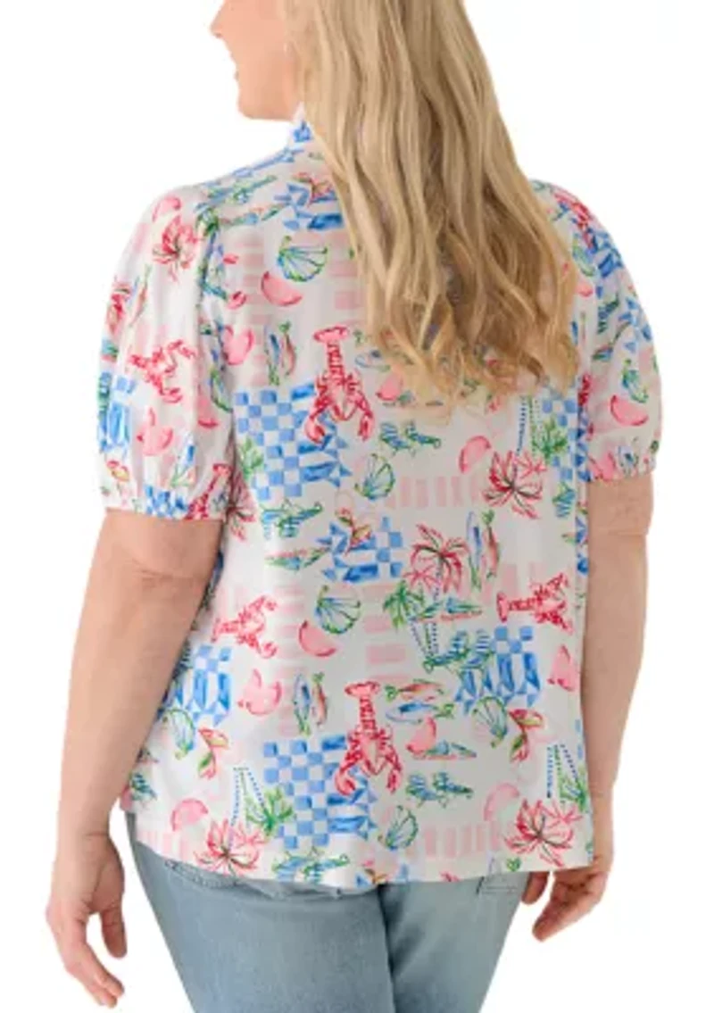 Plus Print Ruffle Neck Top