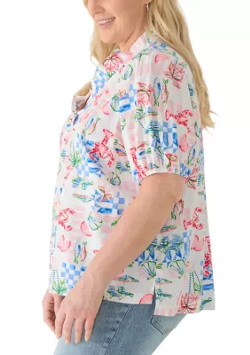 Plus Print Ruffle Neck Top