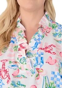Plus Print Ruffle Neck Top