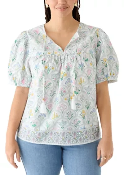 Plus Print Peasant Shirt with Tassels