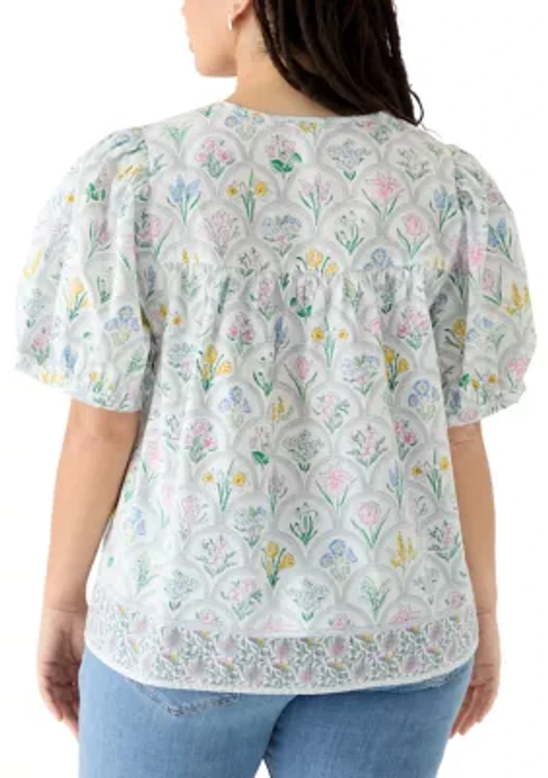 Plus Print Peasant Shirt with Tassels