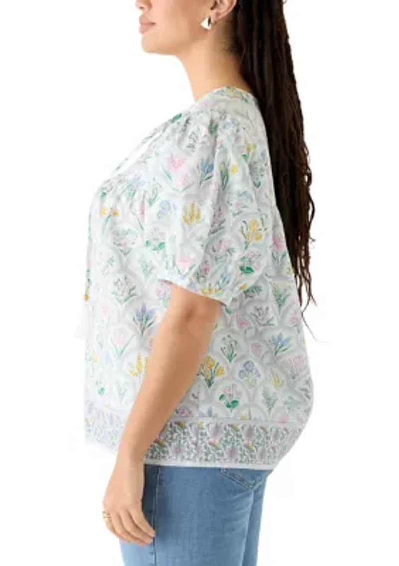 Plus Print Peasant Shirt with Tassels