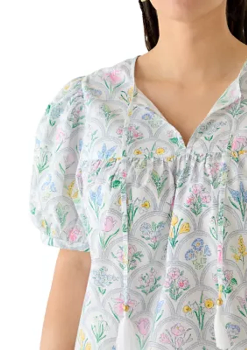 Plus Print Peasant Shirt with Tassels