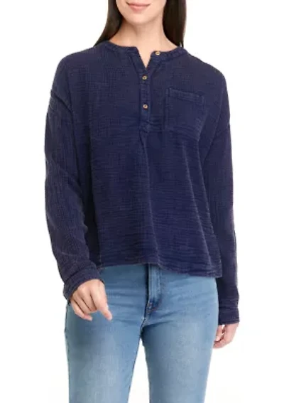 Women's Long Sleeve Gauze Henley Top