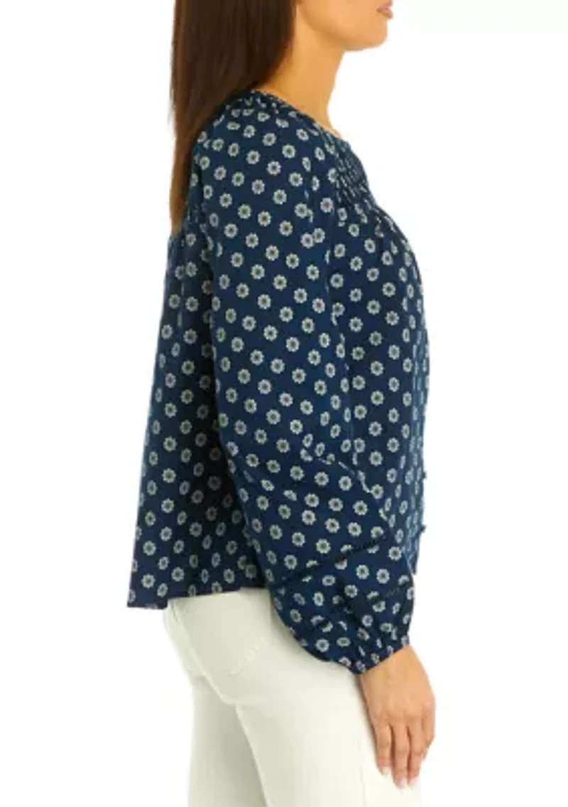 Women's Pintuck Yoke Button Down Printed Top