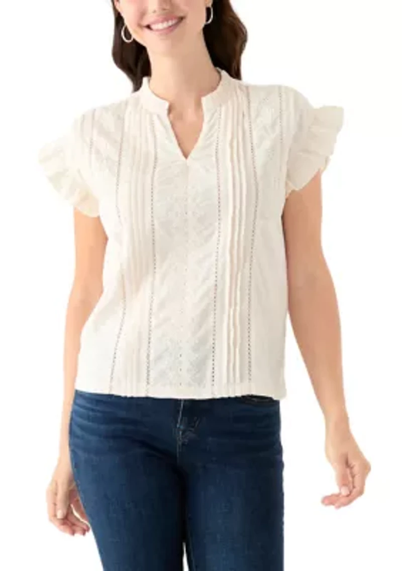 Women's Short Sleeve Embroidered Pintuck Blouse