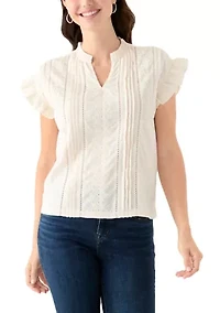 Women's Short Sleeve Embroidered Pintuck Blouse
