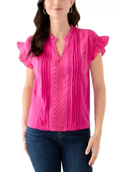 Women's Short Sleeve Embroidered Pintuck Blouse