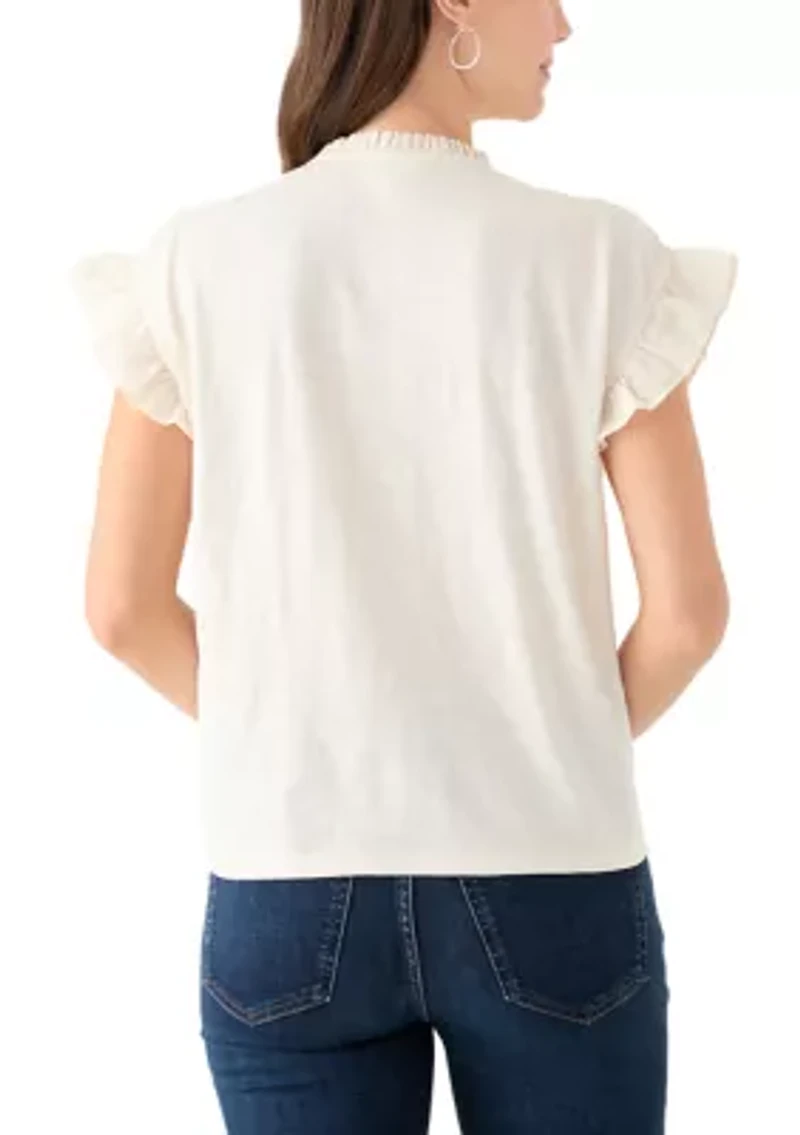Women's Short Sleeve Embroidered Pintuck Blouse