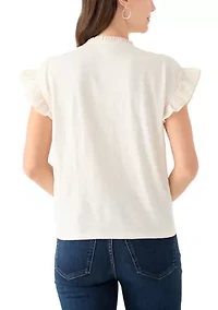 Women's Short Sleeve Embroidered Pintuck Blouse