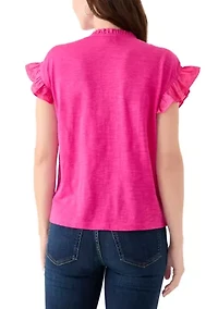 Women's Short Sleeve Embroidered Pintuck Blouse