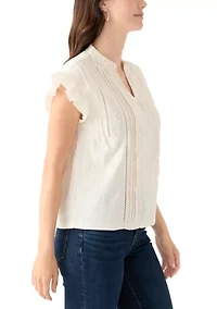 Women's Short Sleeve Embroidered Pintuck Blouse