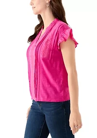 Women's Short Sleeve Embroidered Pintuck Blouse