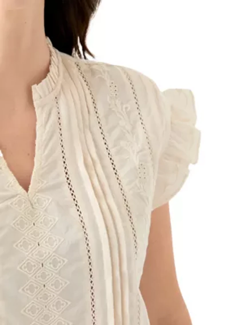 Women's Short Sleeve Embroidered Pintuck Blouse