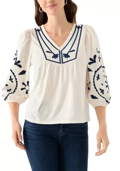 Women's 3/4 Sleeve Embroidered Knit Woven Top