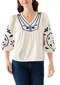 Women's 3/4 Sleeve Embroidered Knit Woven Top