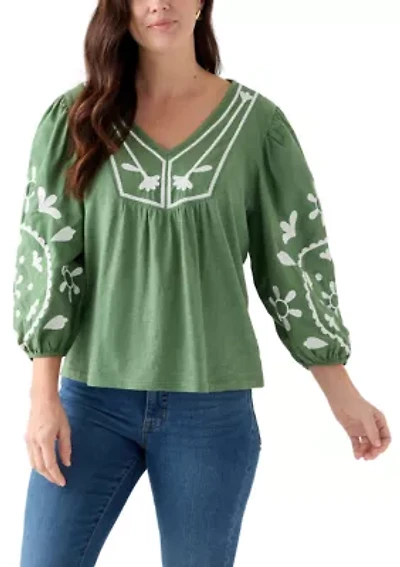 Women's 3/4 Sleeve Embroidered Knit Woven Top