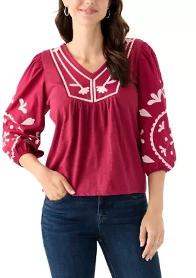 Women's 3/4 Sleeve Embroidered Knit Woven Top