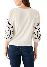 Women's 3/4 Sleeve Embroidered Knit Woven Top