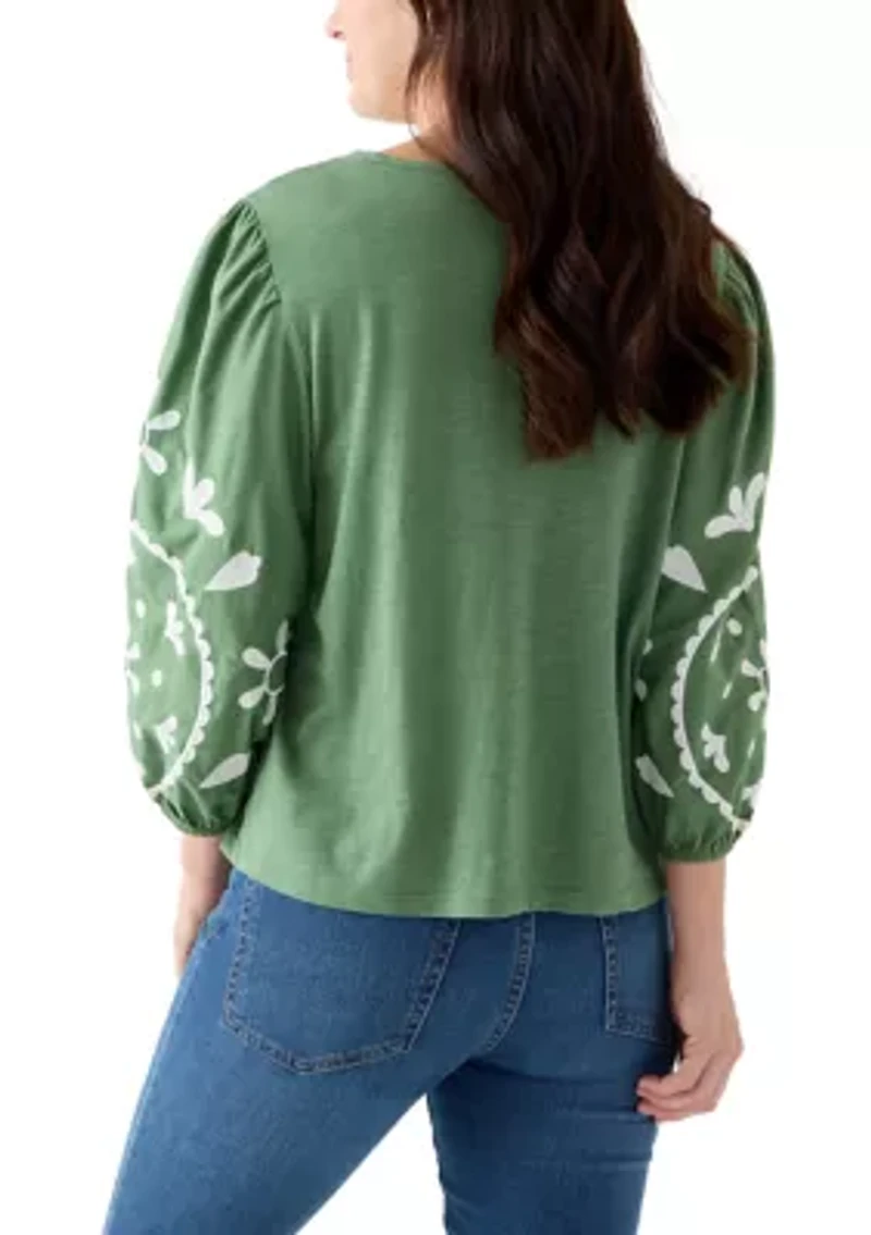 Women's 3/4 Sleeve Embroidered Knit Woven Top