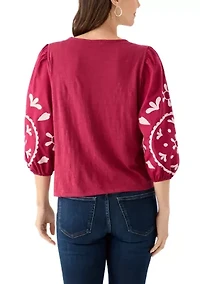 Women's 3/4 Sleeve Embroidered Knit Woven Top