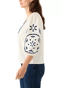 Women's 3/4 Sleeve Embroidered Knit Woven Top