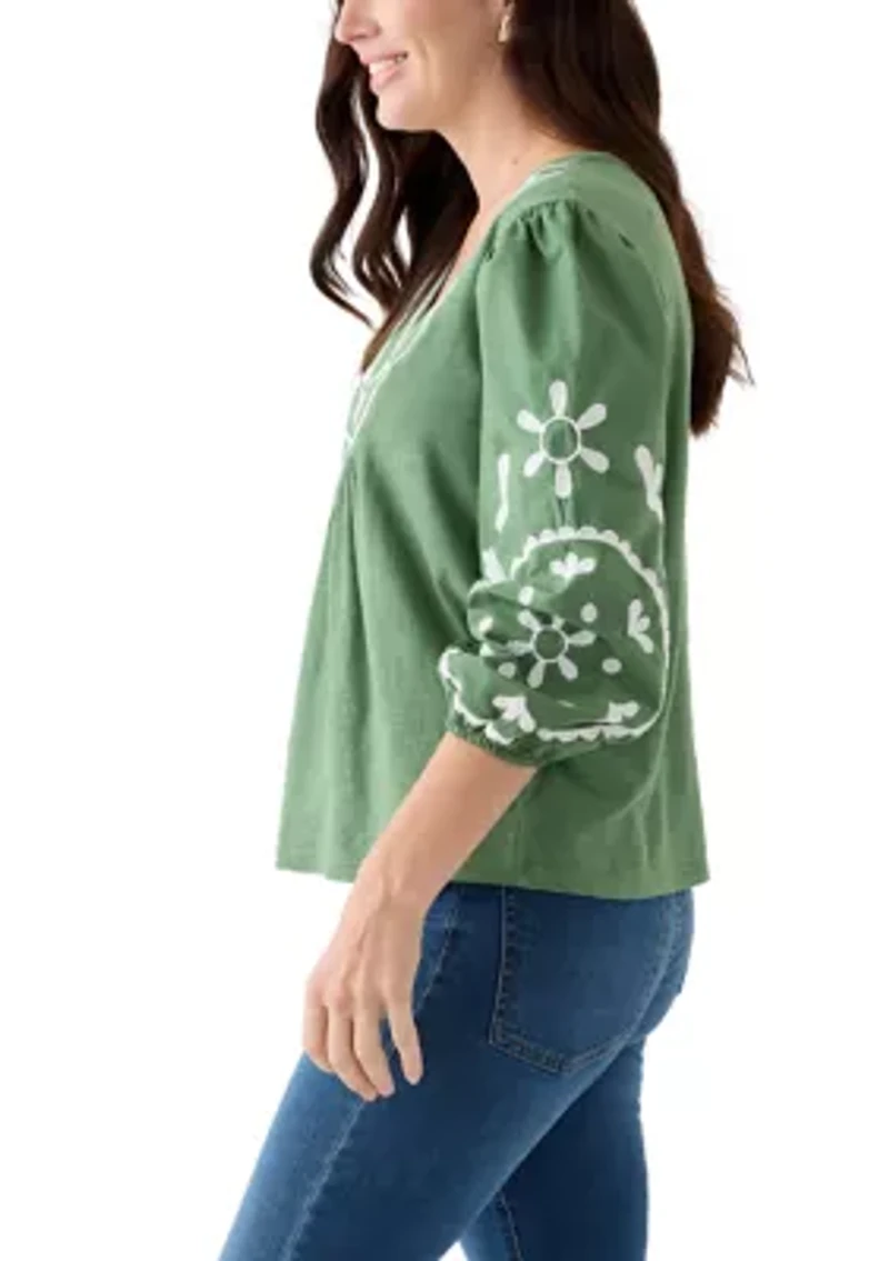Women's 3/4 Sleeve Embroidered Knit Woven Top