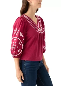 Women's 3/4 Sleeve Embroidered Knit Woven Top