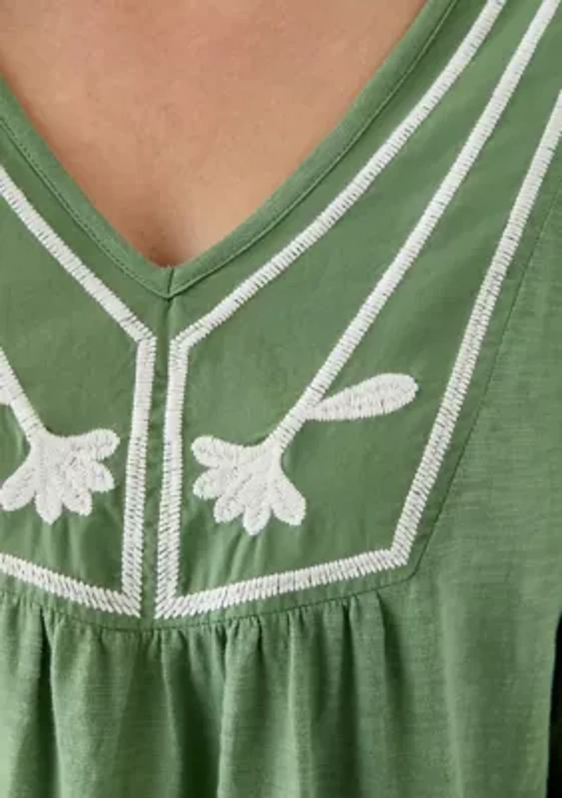 Women's 3/4 Sleeve Embroidered Knit Woven Top