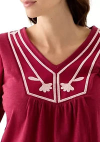 Women's 3/4 Sleeve Embroidered Knit Woven Top
