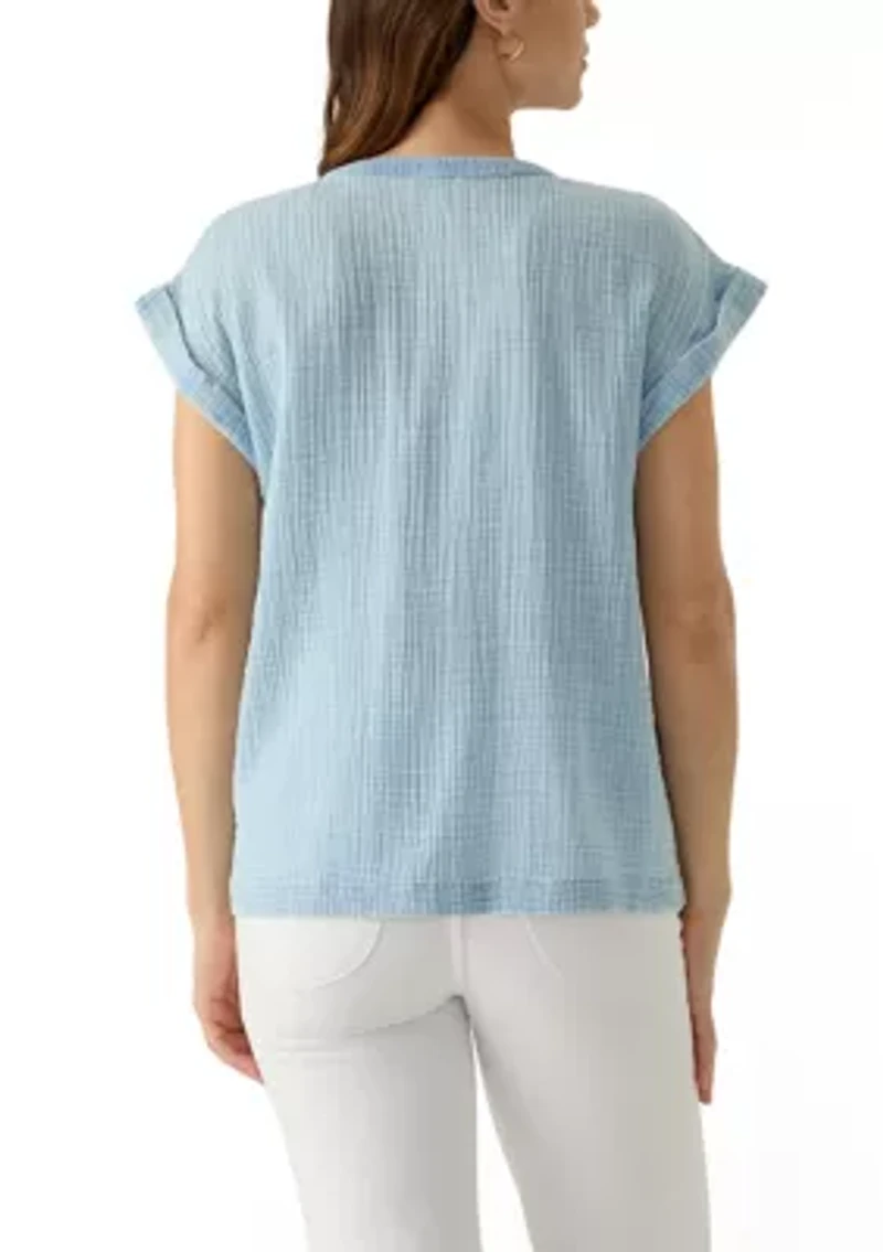 Women's Short Sleeve Split Neck Gauze Top