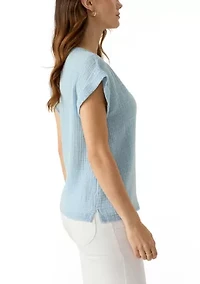 Women's Short Sleeve Split Neck Gauze Top