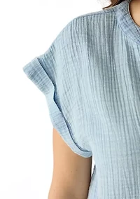 Women's Short Sleeve Split Neck Gauze Top