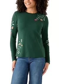 Women's Long Sleeve Crew Top with Placed Embroidery